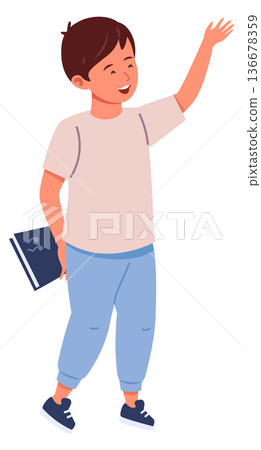 Bookworm boy. Kid hide book. Happy character Bookworm boy. Kid hide book. Happy character 136678359