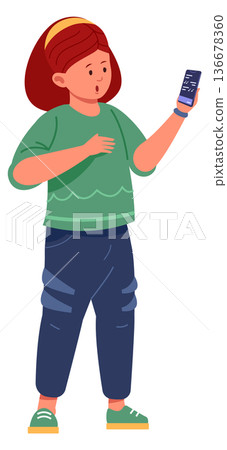 Girl look on smartphone screen. Kid device addiction Girl look on smartphone screen. Kid device addiction 136678360