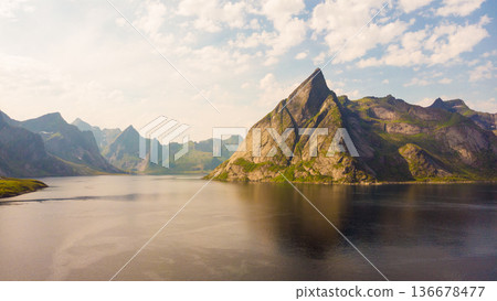 Fjord and mountains landscape. Lofoten islands Norway 136678477