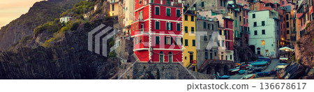 Village Riomaggiore in Cinque Terre at sunset, Italy Village Riomaggiore in Cinque Terre at sunset, Italy 136678617