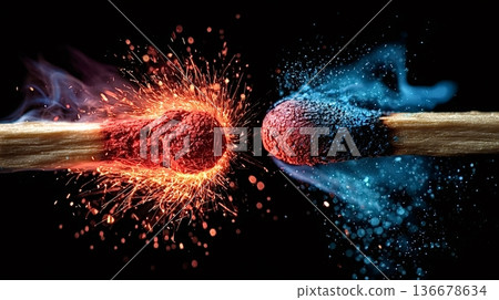 Matches igniting creating fire sparks and colorful dust Matches igniting creating fire sparks and colorful dust 136678634