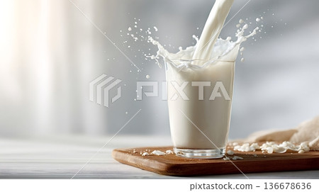 Milk pouring into glass splashing fresh white liquid Milk pouring into glass splashing fresh white liquid 136678636