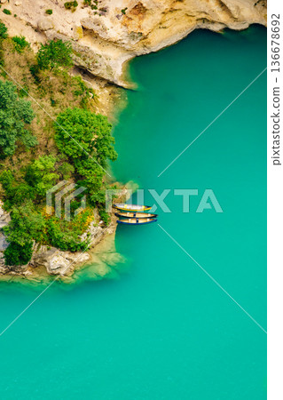 Boats on water, Verdon Gorge in Provence France. Boats on water, Verdon Gorge in Provence France. 136678692