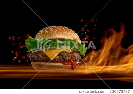 Delicious burger on a black background with fire. 136678737