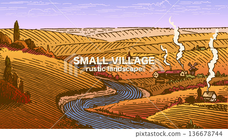 Rustic meadow hand drawn village landscape illustration with fields. Beautiful scentic view for milk 136678744
