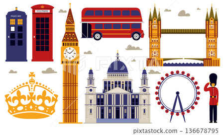 London and UK symbols and architecture. st. Paul cathedral, Big Ben and Tower bridge. Double decker London and UK symbols and architecture. st. Paul cathedral, Big Ben and Tower bridge. Double decker 136678795