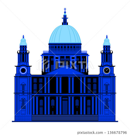 St Pauls Cathedral in London. Modern in blue colour illustration. Architectural landmark. Travel to 136678796