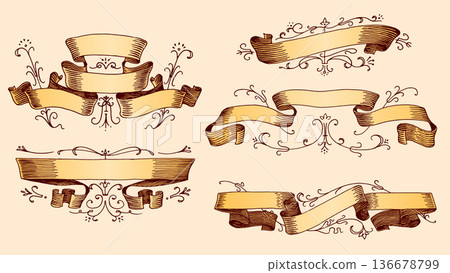 Set of scroll ribbon banners in Barocco style. Hand drawn engraving for your text in vintage Set of scroll ribbon banners in Barocco style. Hand drawn engraving for your text in vintage 136678799