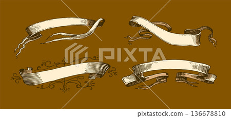 Set of scroll ribbon banners in Barocco style. Hand drawn engraving for your text in vintage 136678810