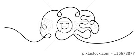 Brain with happy face. Mental health concept tangled line brain with happy face continuous line drawing psychology emotional balance therapy support abstract minimal wellbeing harmony symbol Brain with happy face. Mental health concept tangled line brain with happy face continuous line drawing psychology emotional balance therapy support abstract minimal wellbeing harmony symbol 136678877