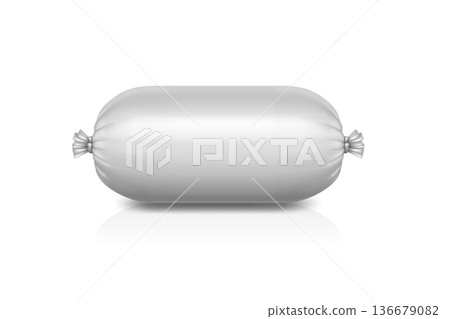 Vector 3d Realistic White Sausage Casing Isolated. Realistic Food Packaging Mockup. Unbranded Meat Template. Minimal Blank Sausage Packaging, Front View Vector 3d Realistic White Sausage Casing Isolated. Realistic Food Packaging Mockup. Unbranded Meat Template. Minimal Blank Sausage Packaging, Front View 136679082