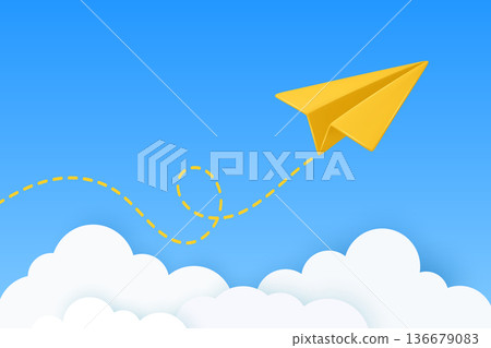 Yellow Paper Airplane Icon, Vector Illustration. Flying Paper Plane with Dotted Line Trail. Email, Message Symbol. 3d Yellow Paper Airplane on Blue Sky Background Yellow Paper Airplane Icon, Vector Illustration. Flying Paper Plane with Dotted Line Trail. Email, Message Symbol. 3d Yellow Paper Airplane on Blue Sky Background 136679083