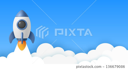 Rocket Launch Banner with Copy Space, Vector 3d Minimal Banner. Startup Space Travel Header, App UI Background. Blue and White Rocket Launch on Blue Sky Clouds Rocket Launch Banner with Copy Space, Vector 3d Minimal Banner. Startup Space Travel Header, App UI Background. Blue and White Rocket Launch on Blue Sky Clouds 136679086