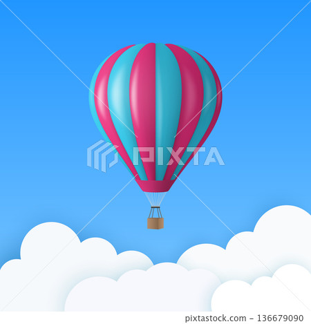 Vector Travel Banner with 3d Realistic Pink and Blue Hot Air Balloon Icon on a Blue Sky Background. Design Template, Summer Vacation, Travelling, Tourism and Journey Concept Vector Travel Banner with 3d Realistic Pink and Blue Hot Air Balloon Icon on a Blue Sky Background. Design Template, Summer Vacation, Travelling, Tourism and Journey Concept 136679090