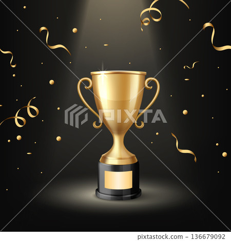 Vector 3d Golden Trophy Cup Award on Black Background with Confetti. Winner Prize for Championship and Success Celebration. Competition, Ceremony, Achievement Concept 136679092