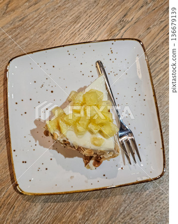 Top View of Pineapple Cake Slice on Plate Top View of Pineapple Cake Slice on Plate 136679139
