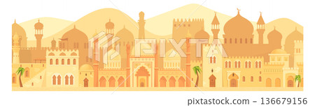 Eastern city landscape. Old stone cartoon buildings Eastern city landscape. Old stone cartoon buildings 136679156