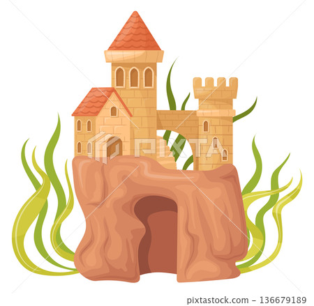 Castle aquarium decoration. Underwater stone building cartoon icon Castle aquarium decoration. Underwater stone building cartoon icon 136679189