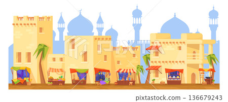 Middle east street scene. Arabic cartoon landscape 136679243
