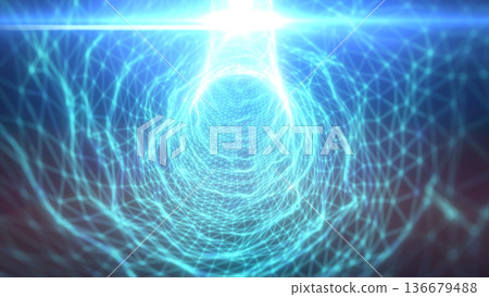 Bright cyan wireframe tunnel with lens flare and geometric network mesh, creating a futuristic digital portal and technology background 136679488