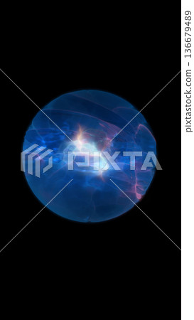 Glowing blue plasma orb with electric veins on black background, futuristic energy sphere with soft haze and luminous core 136679489