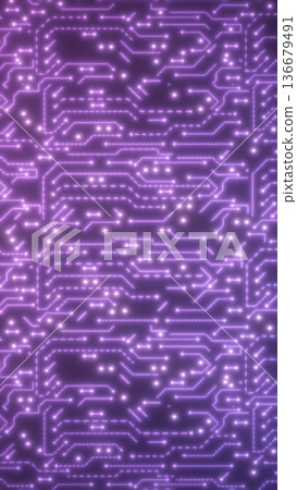 Glowing purple circuit board pattern with neon connections, futuristic technology and data background Glowing purple circuit board pattern with neon connections, futuristic technology and data background 136679491