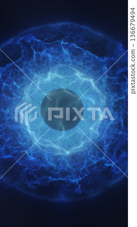 Glowing blue energy ring with a dark core, surrounded by electric plasma textures, symbolizing power, science, and futuristic cosmic technology 136679494