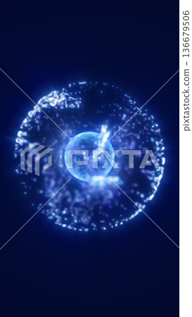 Futuristic blue crystal-like energy cell surrounded by glowing particles and radiant light 136679506