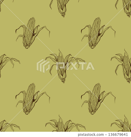Vector vegetable line art seamless pattern of corn. Hand-drawn garden harvest. Organic farm graphics. Tasty food for design, interior, veggie market drawing print, fabric or background. Vector vegetable line art seamless pattern of corn. Hand-drawn garden harvest. Organic farm graphics. Tasty food for design, interior, veggie market drawing print, fabric or background. 136679641