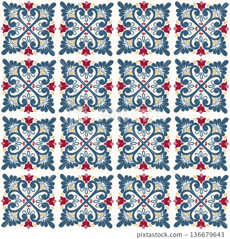 Vector seamless pattern of hand-painted blue and red Mediterranean tiles on a white backdrop. This design can be used for such as printing and would look great as a background. 136679643