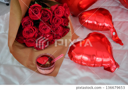 Red Roses Bouquet with Heart Dessert and Balloons 136679653