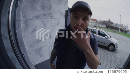 Male Courier Behaves Rudely and Aggressively While Speaking Through Smart Doorbell Camera Male Courier Behaves Rudely and Aggressively While Speaking Through Smart Doorbell Camera 136679695