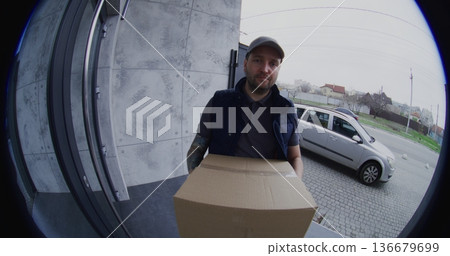 Adult Man Captures Photo For Digital Proof of Delivery on Smartphone Then Walks Away Adult Man Captures Photo For Digital Proof of Delivery on Smartphone Then Walks Away 136679699