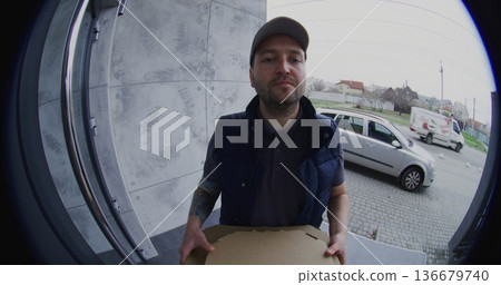 Male Courier in Vest Delivers Pizza Boxes, Looking Camera Through Wide Angle Doorbell Lens. Male Courier in Vest Delivers Pizza Boxes, Looking Camera Through Wide Angle Doorbell Lens. 136679740