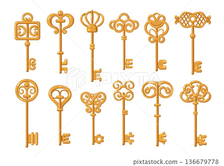 Antique keys. Carved decorative lock picks, vintage filigree heads, victorian elements, opening, closing door devices, medieval old passkeys, retro home safe and security splendid vector set Antique keys. Carved decorative lock picks, vintage filigree heads, victorian elements, opening, closing door devices, medieval old passkeys, retro home safe and security splendid vector set 136679778