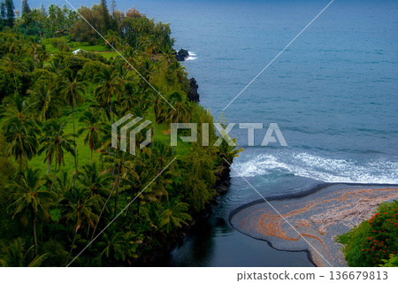 Palm Tree lined Peninsula At A Bay Inlet in Maui, Hawaii 136679813