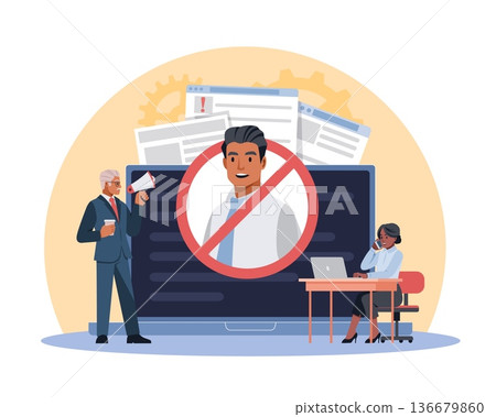 Cancellation culture. Institute of reputation, social censure, disregard and disapproval, HR management, ban office staff, warnings and dismissal process, vector cartoon isolated concept Cancellation culture. Institute of reputation, social censure, disregard and disapproval, HR management, ban office staff, warnings and dismissal process, vector cartoon isolated concept 136679860