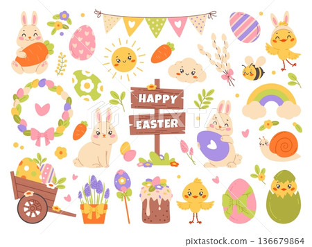 Cartoon happy easter. Cute holiday elements, spring funny items, animals, flowers, chickens and rabbits, painted eggs, spring season decoration, traditional celebration classy vector set Cartoon happy easter. Cute holiday elements, spring funny items, animals, flowers, chickens and rabbits, painted eggs, spring season decoration, traditional celebration classy vector set 136679864