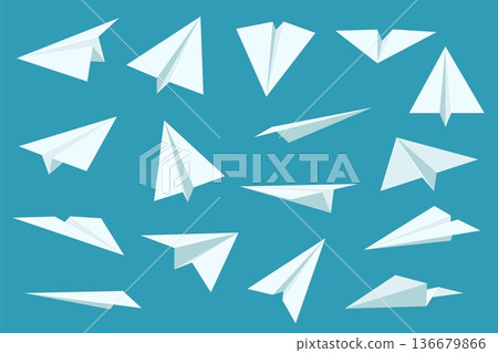 Cartoon paper plane. Different angles, classic origami object, handmade flying white airplane, simple craft item, aviation transportation, message symbol, freedom sign qualitative vector set Cartoon paper plane. Different angles, classic origami object, handmade flying white airplane, simple craft item, aviation transportation, message symbol, freedom sign qualitative vector set 136679866