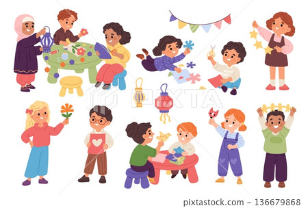 Children make colored paper crafts. Kids creativity, scrapbooking process, happy boys, girls make collages and glue applications, origami and garlands garish vector cartoon isolated set Children make colored paper crafts. Kids creativity, scrapbooking process, happy boys, girls make collages and glue applications, origami and garlands garish vector cartoon isolated set 136679868