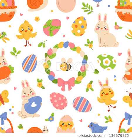 Cute easter seamless pattern. Spring holiday funny elements, animals, decorations, repeated colored eggs, bunnies, decor textile, wrapping paper. Print for fabric classy vector background Cute easter seamless pattern. Spring holiday funny elements, animals, decorations, repeated colored eggs, bunnies, decor textile, wrapping paper. Print for fabric classy vector background 136679875