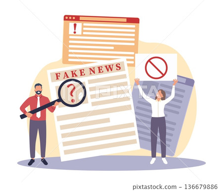 Fake news. People protesting against lies and propaganda, yellow mass media, fact checking, misinformation control and information security in digital, vector cartoon isolated concept 136679886