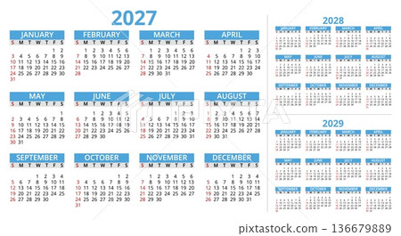 Few years calendar grids. Large font, months organizer, days of week, numbers and dates, simple design templates for 2027, 2028, and 2029, scheduling, time management qualitative vector set Few years calendar grids. Large font, months organizer, days of week, numbers and dates, simple design templates for 2027, 2028, and 2029, scheduling, time management qualitative vector set 136679889