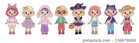Girl paper doll outfits. Cute kids with different dresses and accessories, fashionable young characters, funny clothes, playful children cartoon flat style isolated garish vector set Girl paper doll outfits. Cute kids with different dresses and accessories, fashionable young characters, funny clothes, playful children cartoon flat style isolated garish vector set 136679898