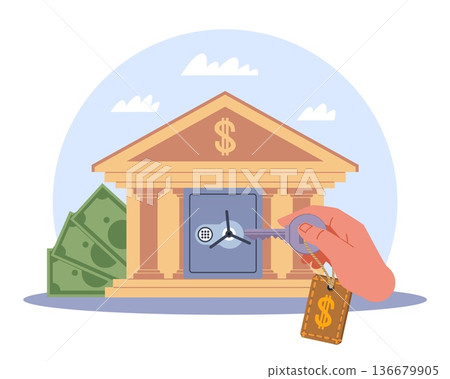 Individual access to bank vault. Safe deposit key, storage of valuables, financial security, savings management, banking building, authorization control vector cartoon isolated concept 136679905