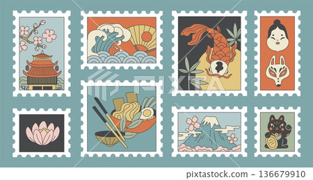 Japan postage stamps. Traditional symbols, elements and culture attractions, oriental masks souvenir, architecture, nature and food, traveling decorative stickers, garish vector isolated set Japan postage stamps. Traditional symbols, elements and culture attractions, oriental masks souvenir, architecture, nature and food, traveling decorative stickers, garish vector isolated set 136679910