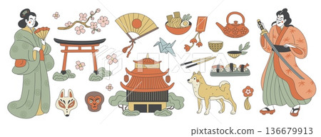 Japanese characters culture elements. Cartoon ukiyo e style traditional asian symbols, people in traditional clothing, samurai, geisha in kimono, oriental mask, sushi garish vector flat set Japanese characters culture elements. Cartoon ukiyo e style traditional asian symbols, people in traditional clothing, samurai, geisha in kimono, oriental mask, sushi garish vector flat set 136679913