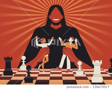 Manipulated people. Pawns in big game, dominating victim and controlling actions of others, brainwash, higher ups manage, authority strategy on chess board, tidy vector isolated concept Manipulated people. Pawns in big game, dominating victim and controlling actions of others, brainwash, higher ups manage, authority strategy on chess board, tidy vector isolated concept 136679917