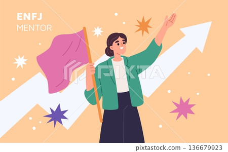 Mbti character. Psychological type, myers briggs, woman mentor with flag, extraverted girl, intuitive, feeling motivation, judging, leadership garish person vector cartoon isolated concept Mbti character. Psychological type, myers briggs, woman mentor with flag, extraverted girl, intuitive, feeling motivation, judging, leadership garish person vector cartoon isolated concept 136679923