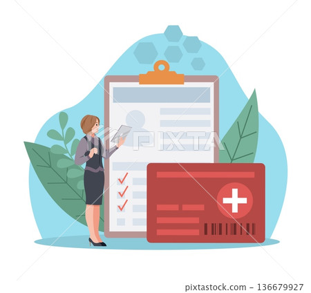 Medical smart healthcare card. Patient identification and registration, woman checks patient information against database, clinical documentation management vector cartoon isolated concept Medical smart healthcare card. Patient identification and registration, woman checks patient information against database, clinical documentation management vector cartoon isolated concept 136679927
